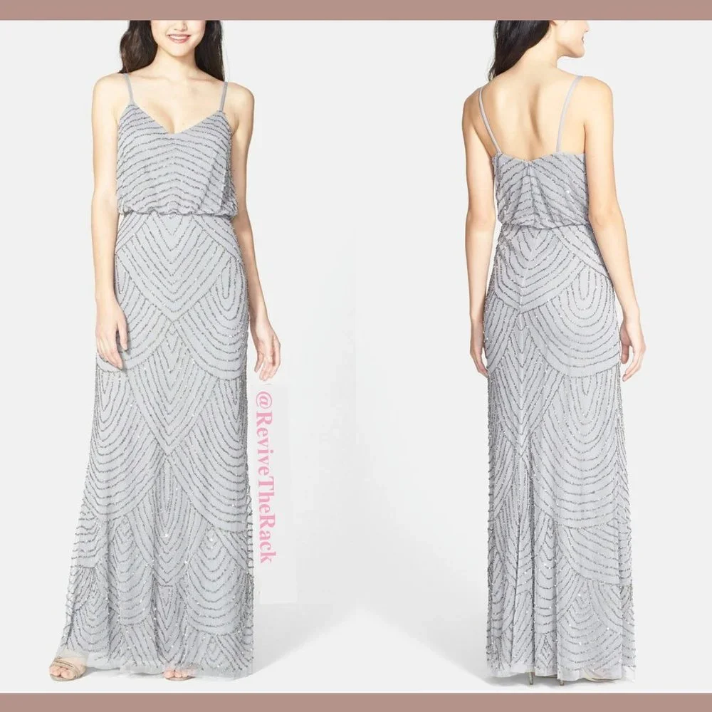 NEW Adrianna Papell Art Deco Beaded Blouson Gown in‎ Silver/Grey [SZ 6 ]